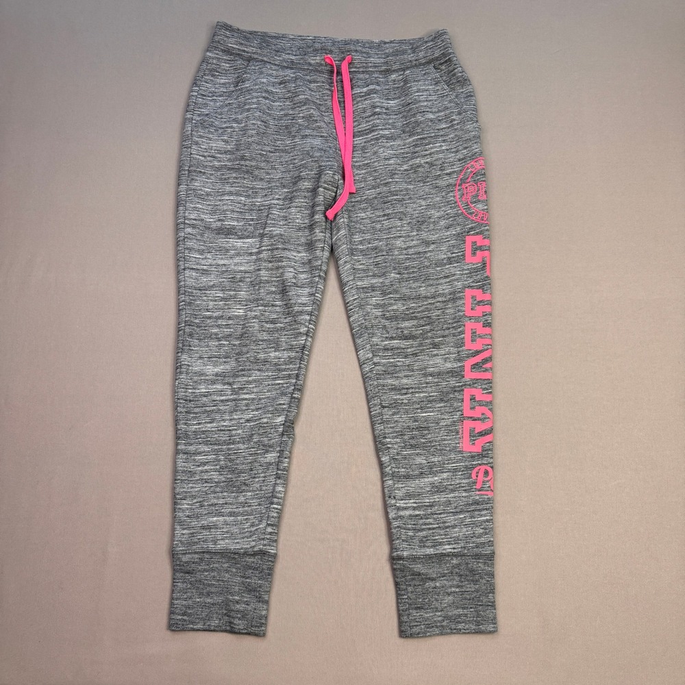 Victoria's Secret PINK Gray Marl Joggers Neon Pink Logo Sweatpants Medium